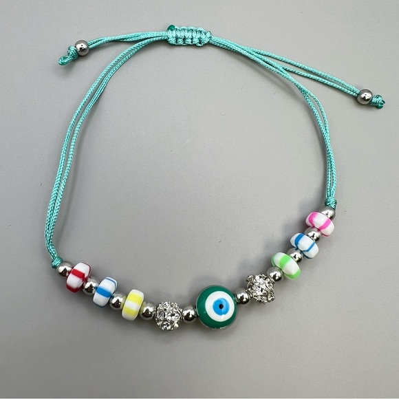 New Evil Eye Bead Aqua Macramé Adjustable Bracelet - Picture 5 of 5